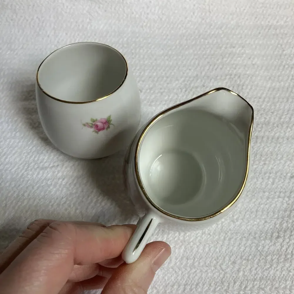 Pink Floral Sugar Creamer Set Gold Rimmed Schumann Arzberg Germany Vintage